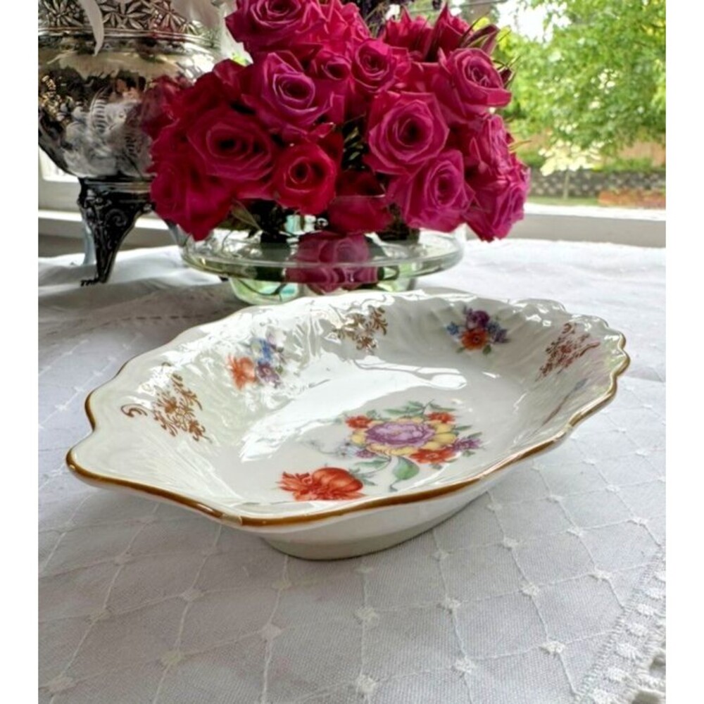 Schumann Bavaria Serving Bowl Gilt Dresden Floral Oval Scalloped Porcelain - Picture 4 of 14